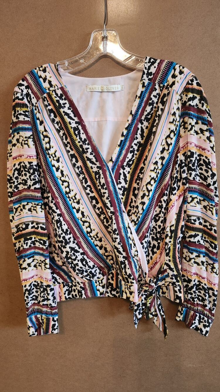 Marie Oliver Phoebe Peasant L Blouse Mixed Print Wrap Front Tie 100% Silk Wt150